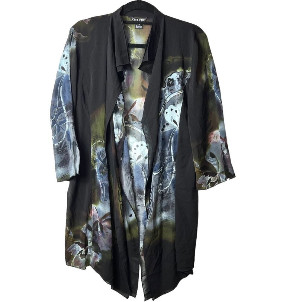 Citron butterfly print silk‎ top women’s medium